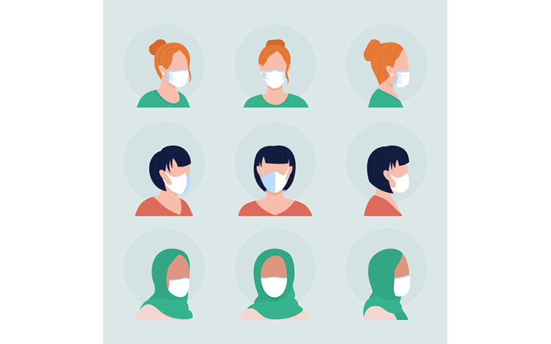 Women with white masks semi flat color vector character avatar set Illustration