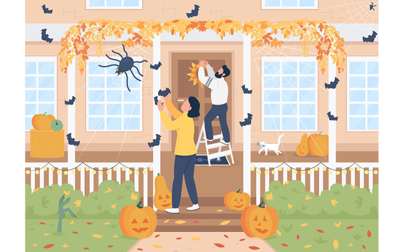 Decorating home for Halloween flat color vector illustration Illustration