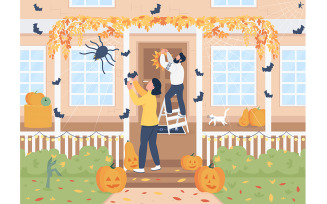 Decorating home for Halloween flat color vector illustration