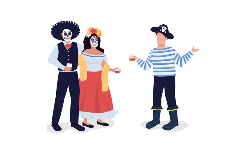Friends in Halloween costumes semi flat color vector characters Illustration
