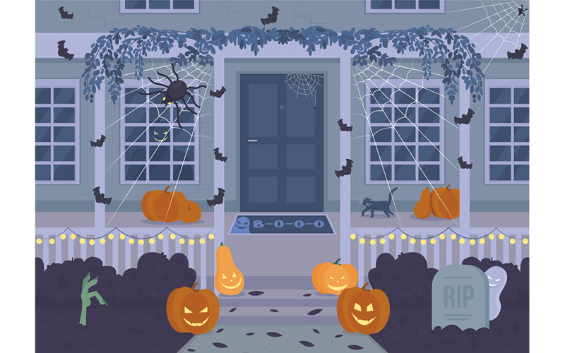Halloween house at night flat color vector illustration Illustration