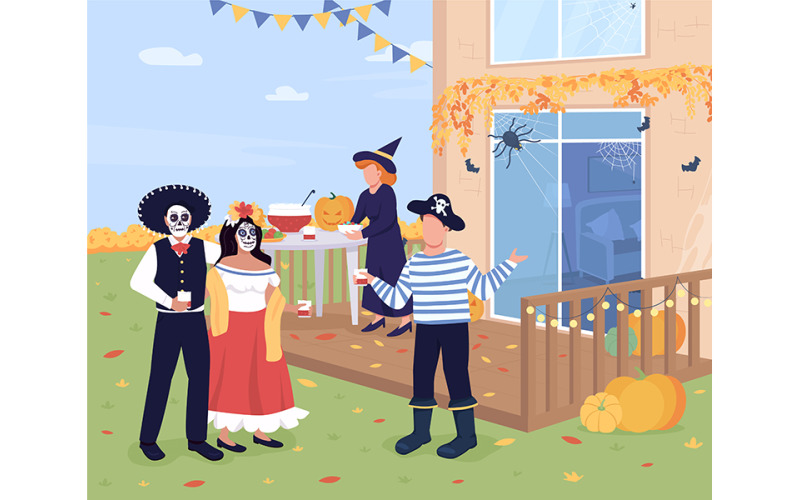Halloween party in backyard flat color vector illustration Illustration