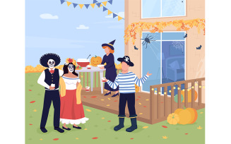 Halloween party in backyard flat color vector illustration