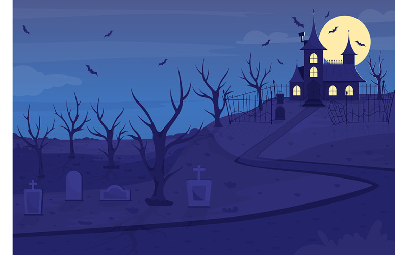 Haunted mansion on hill flat color vector illustration Illustration
