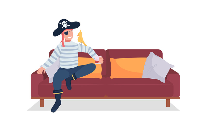 Man in costume relax on sofa semi flat color vector character Illustration