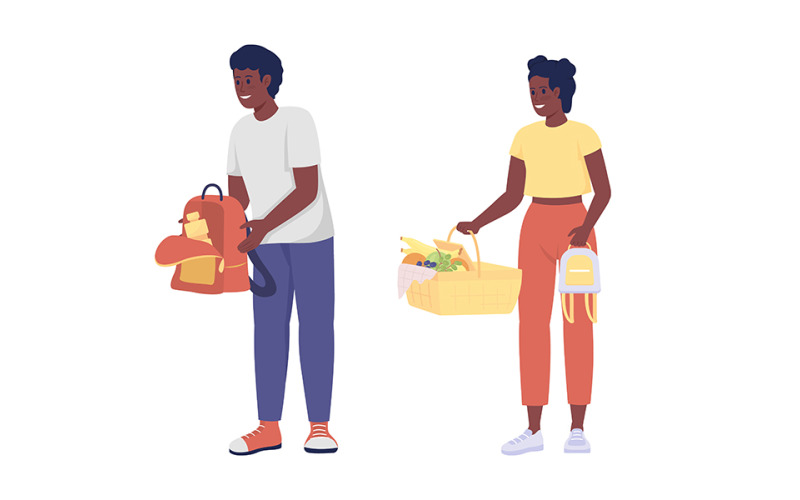 Teenagers showing food for picnic semi flat color vector characters set Illustration