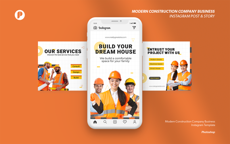 White and Orange Modern Construction Company Business Instagram Template Social Media
