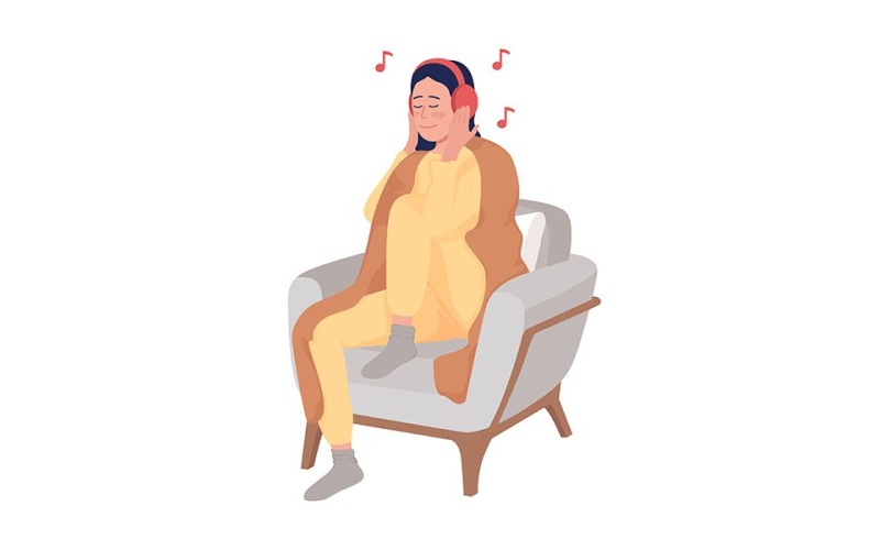 Girl listening to music semi flat color vector character Illustration