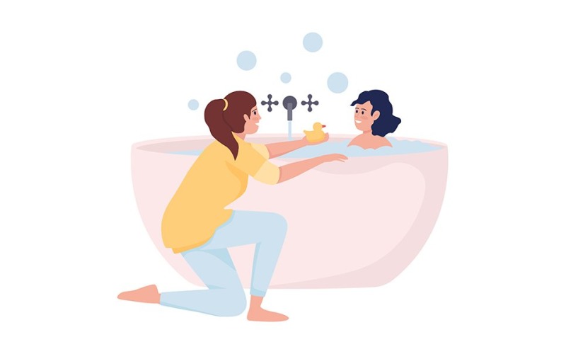 Mother bathing her daughter semi flat color vector characters Illustration