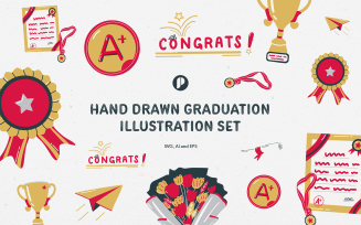 Red Gold Cute Hand Drawn Graduation Illustration Set