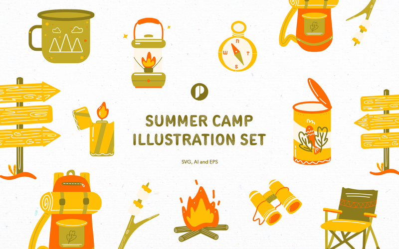 Yellow and Red Cute Summer Camp Illustration Set