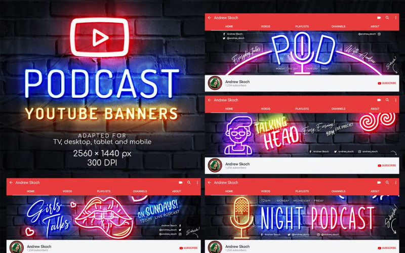 Neon Podcast YouTube Templates Social Media
