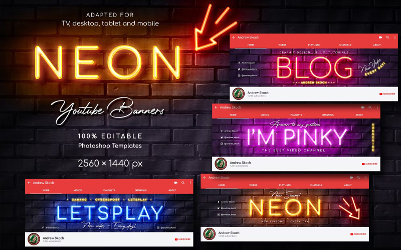 NEON YouTube Channel Art Templates Social Media