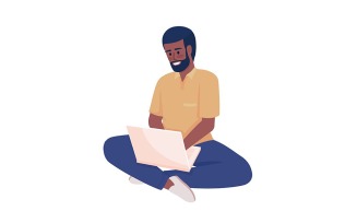 Bearded man with laptop semi flat color vector character