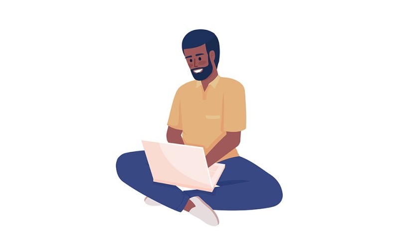 Bearded man with laptop semi flat color vector character Illustration
