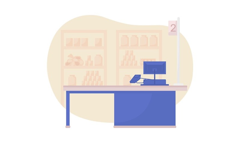 Cash register counter 2D vector isolated illustration Illustration