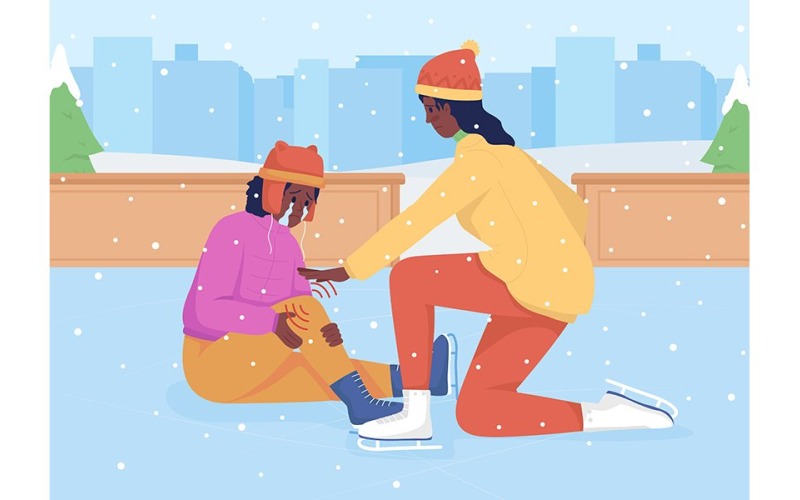 Falling on ice rink flat color vector illustration Illustration