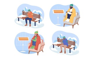Freezing in cold weather 2D vector isolated illustration set