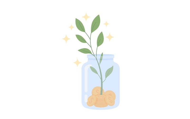 Glass jar with coins and sapling semi flat color vector object Illustration
