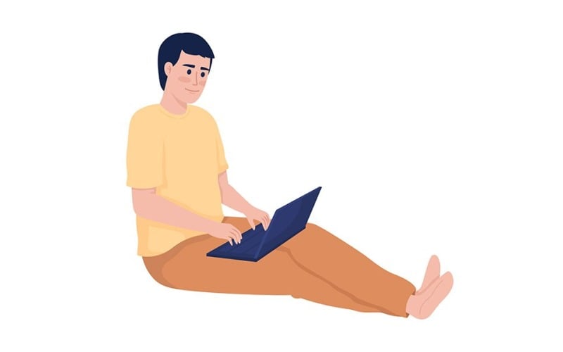 Smiling man with laptop semi flat color vector character Illustration