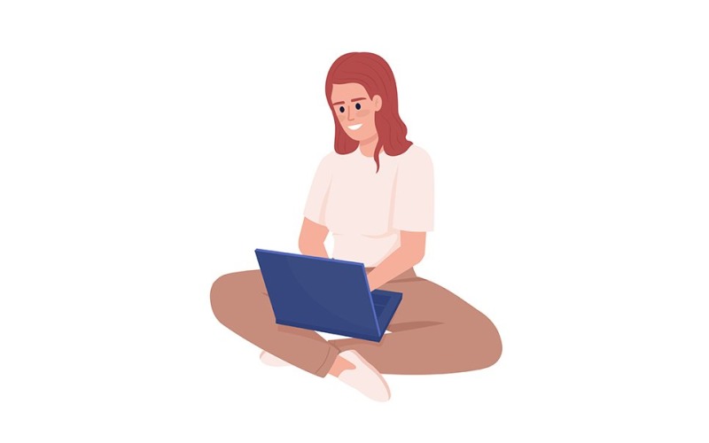 Woman enjoying freelancing semi flat color vector character Illustration