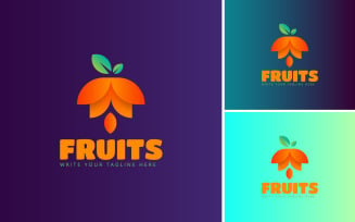 Fruit Logo With Gradient Color. Concept For Juice With Green Leafs.