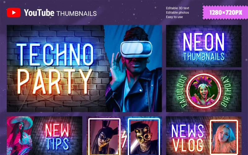 Neon YouTube Thumbnails Templates Social Media