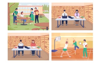School activities flat color vector illustration set