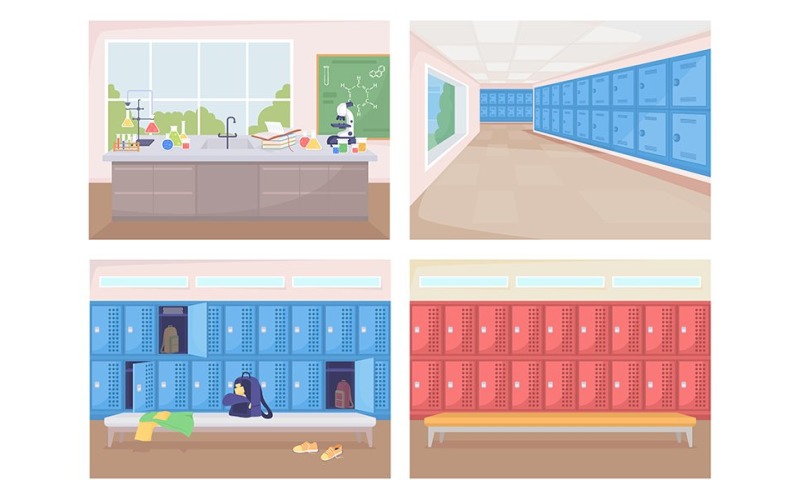 School rooms flat color vector illustration set Illustration