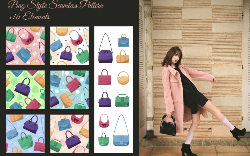 Bag Style Seamless Pattern +16 Elements Illustration