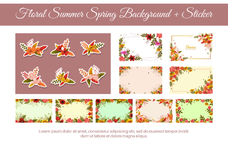 Floral Summer Spring Background + Sticker Illustration