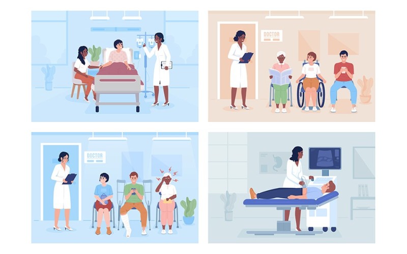 Doctor and patients in hospital flat color vector illustrations set Illustration