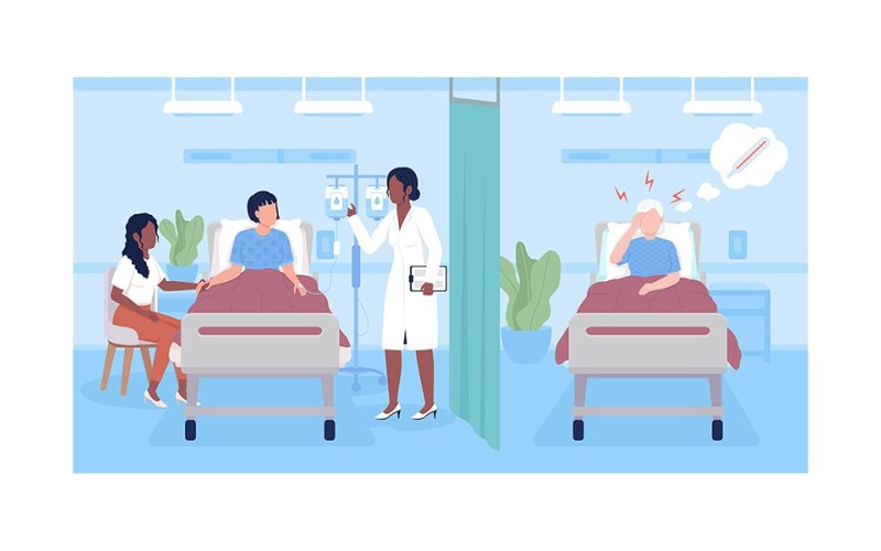 Doctor visiting patients at hospital flat color vector illustration Illustration