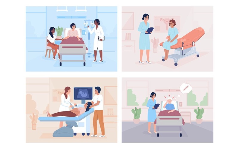 Patients examination in hospital flat color vector illustrations set Illustration