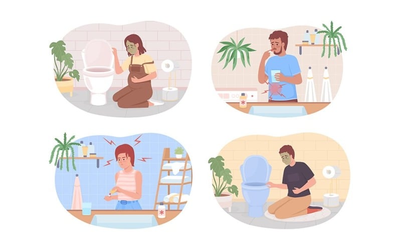 People suffering from pain and nausea 2D vector isolated illustrations set Illustration