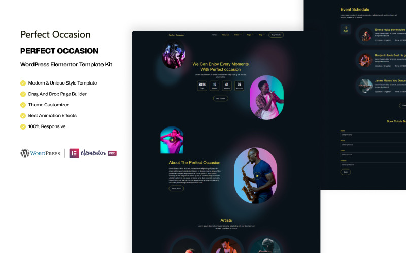 Perfect Occasion – Musical Event Ready to Use WordPress Elementor Template Kit Elementor Kit