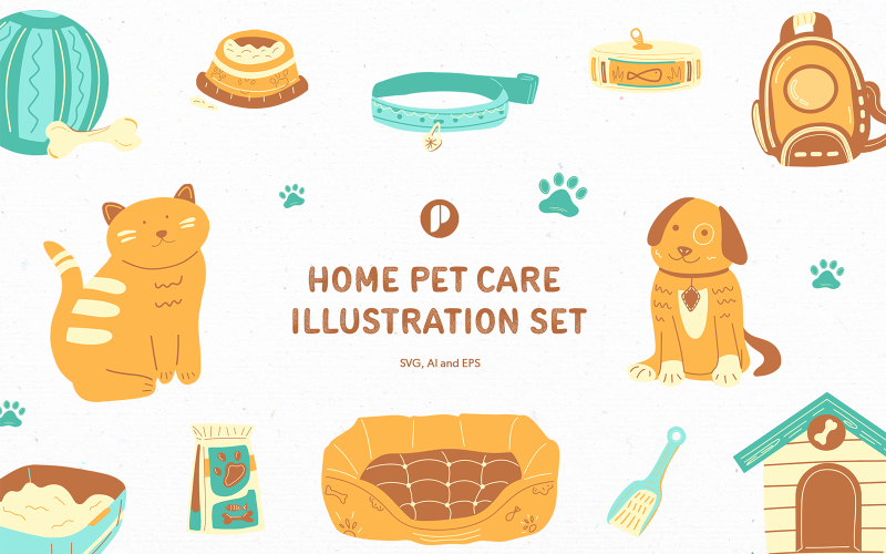 Brightly Cute Home Pet Care Illustration Set