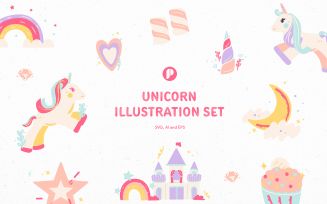 Fantasy Pastel Cute and Playful Unicorn Illustration Set