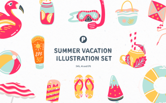 Hot Pink Bright and Cheerful Summer Vacation Illustration Set