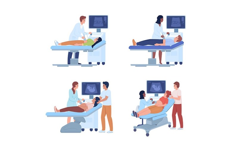 Ultrasound examination semi flat color vector characters set Illustration