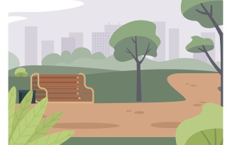 Green city park in summer flat color vector illustration