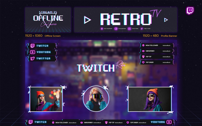 Retro Gaming Twitch Overlay and Screens Social Media