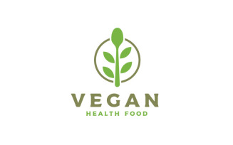 Vegan Logo, Eco Nature Organic Food With Spoon And Leaf Logo