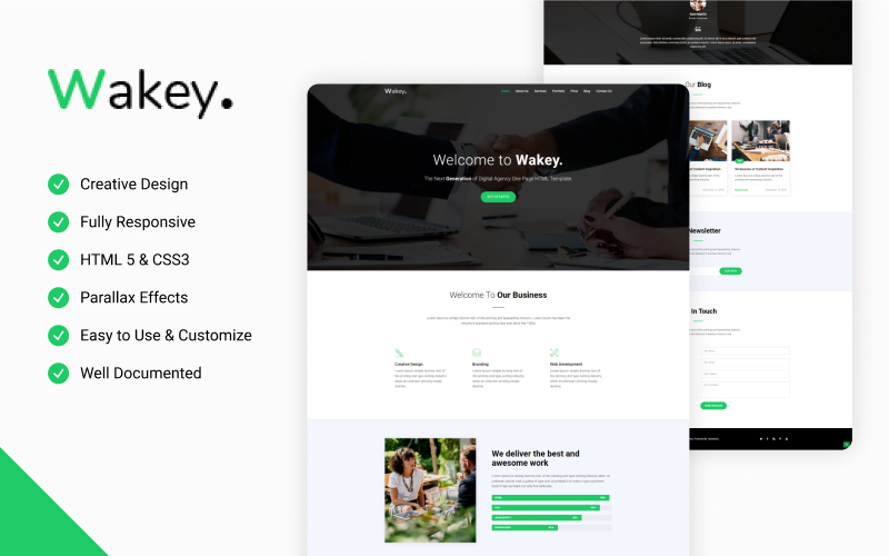Wakey - Digital Agency One Page HTML Template Landing Page Template