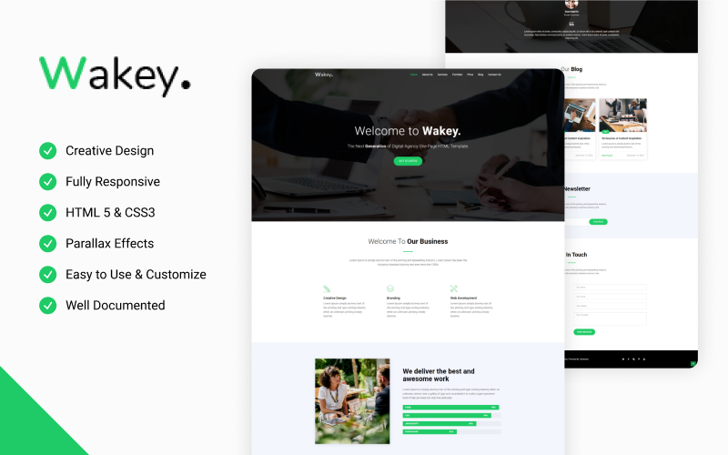 Wakey - Digital Agency One Page HTML Website Template Landing Page Template