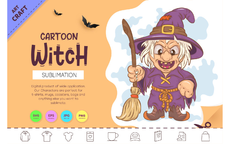 Cartoon Witch. Crafting, Sublimation. Vector Graphic