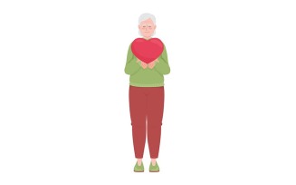 Happy old woman with heart semi flat color vector character