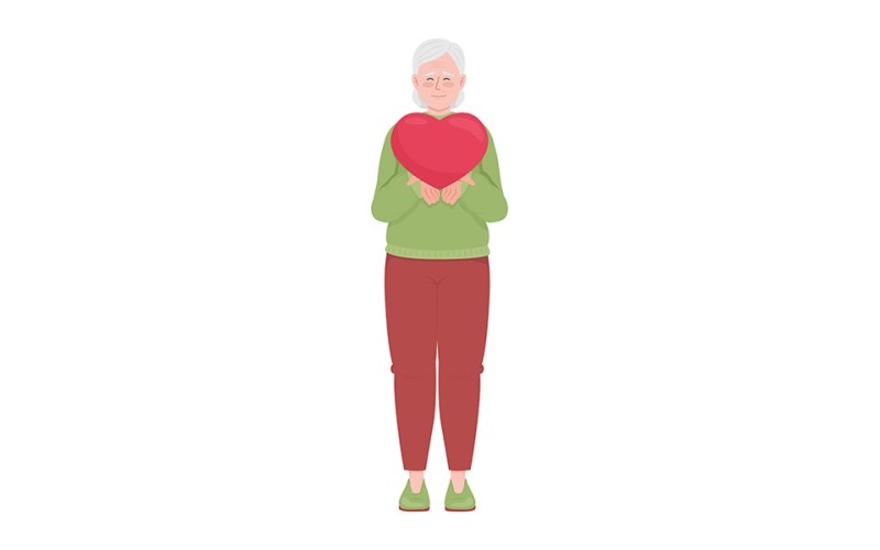 Happy old woman with heart semi flat color vector character Illustration