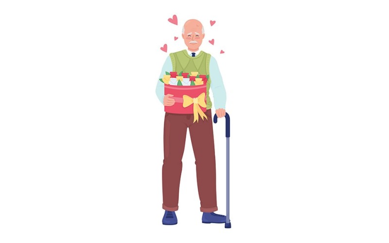 Happy senior man with flowers and cane semi flat color vector character Illustration
