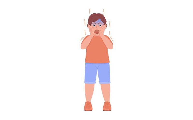Little boy screaming in fear semi flat color vector character Illustration